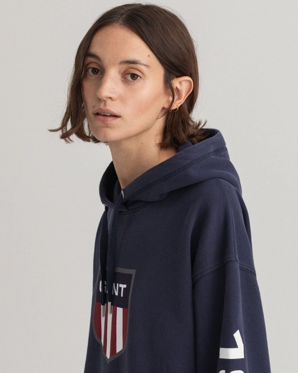 Gant Retro Shield Hoodie Women's Dresses Blue | GLzrYdgIU5O