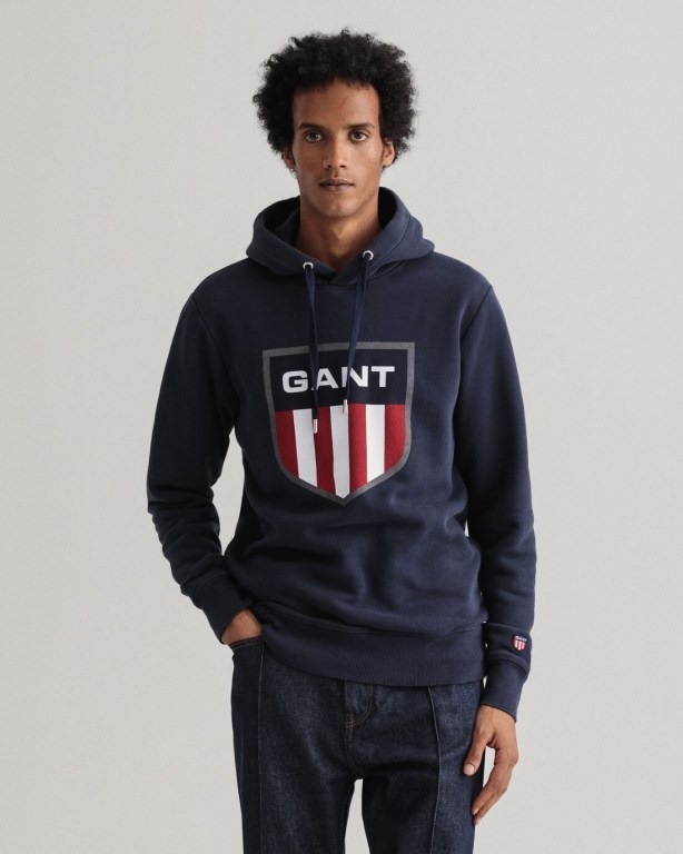 Gant Retro Shield Men\'s Hoodies Blue | y3ZLSukVpfy