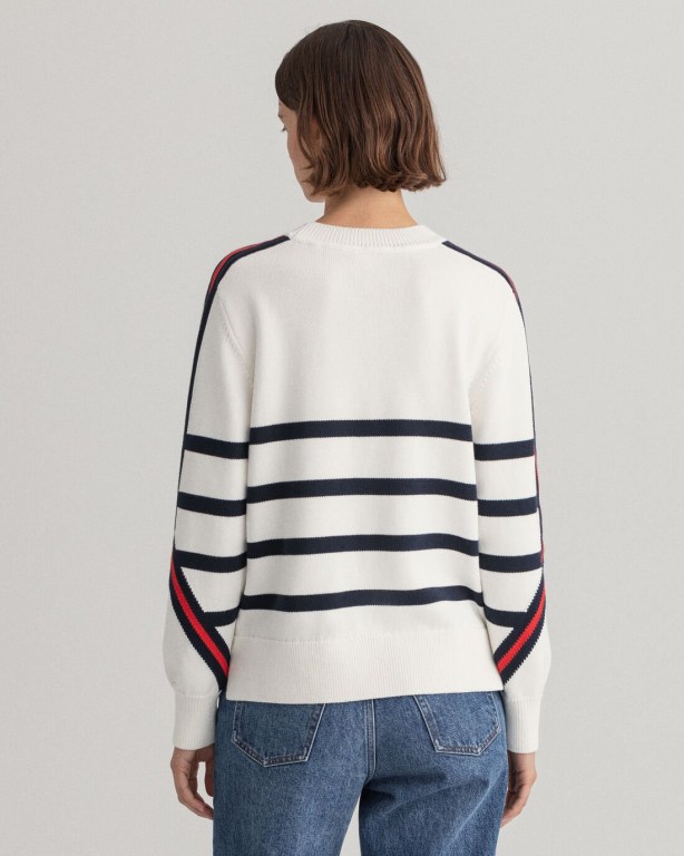 Gant Retro Shield Stripe Crew Neck Women's Crew Neck Jumpers White | iLm8PgdCYP6