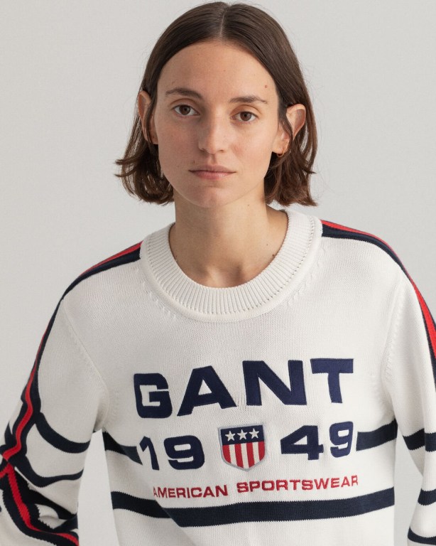 Gant Retro Shield Stripe Crew Neck Women's Crew Neck Jumpers White | iLm8PgdCYP6