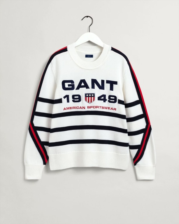 Gant Retro Shield Stripe Crew Neck Women's Crew Neck Jumpers White | iLm8PgdCYP6