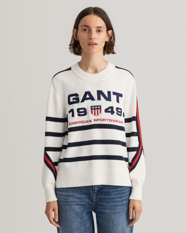 Gant Retro Shield Stripe Crew Neck Women\'s Crew Neck Jumpers White | iLm8PgdCYP6