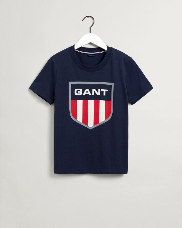 Gant Retro Shield Women's T-shirts Blue | 576CpWCRldZ