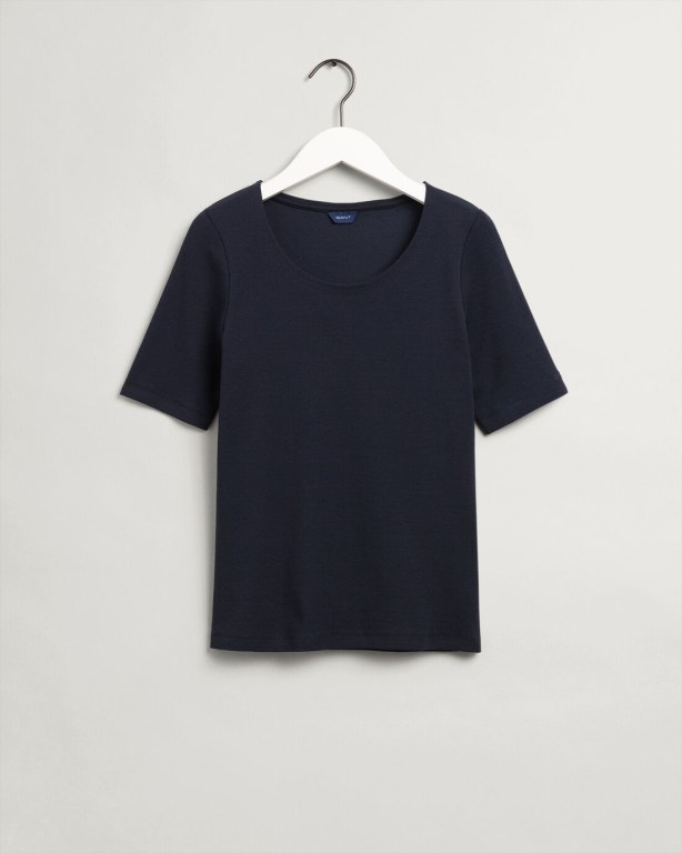 Gant Ribbed Long-Short Sleeve Women's T-shirts Blue | 1EZCd5fE5aY