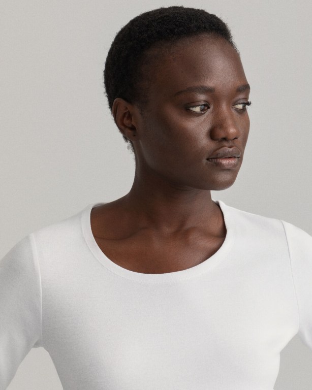 Gant Ribbed Long-Short Sleeve Women's T-shirts White | Ef4b7wvwCXj