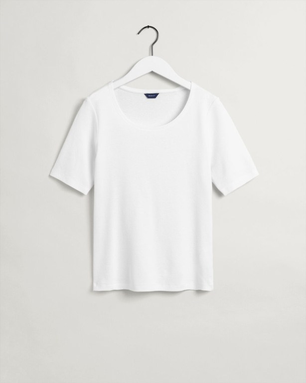 Gant Ribbed Long-Short Sleeve Women's T-shirts White | Ef4b7wvwCXj