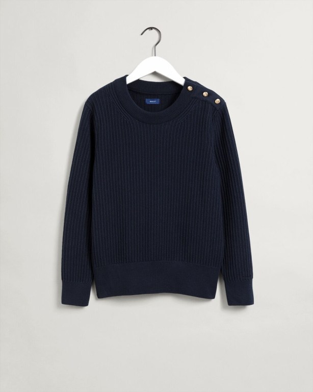 Gant Ribbed Piqué Crew Neck Women's Crew Neck Jumpers Blue | ITZRG300BSG