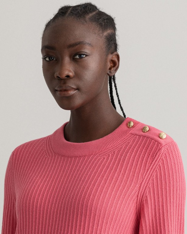 Gant Ribbed Piqué Crew Neck Women's Crew Neck Jumpers Rose | VJT6d1Q8LUn