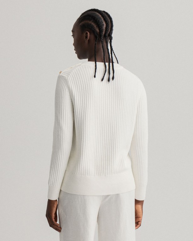 Gant Ribbed Piqué Crew Neck Women's Crew Neck Jumpers White | nRV0ZVvWeax