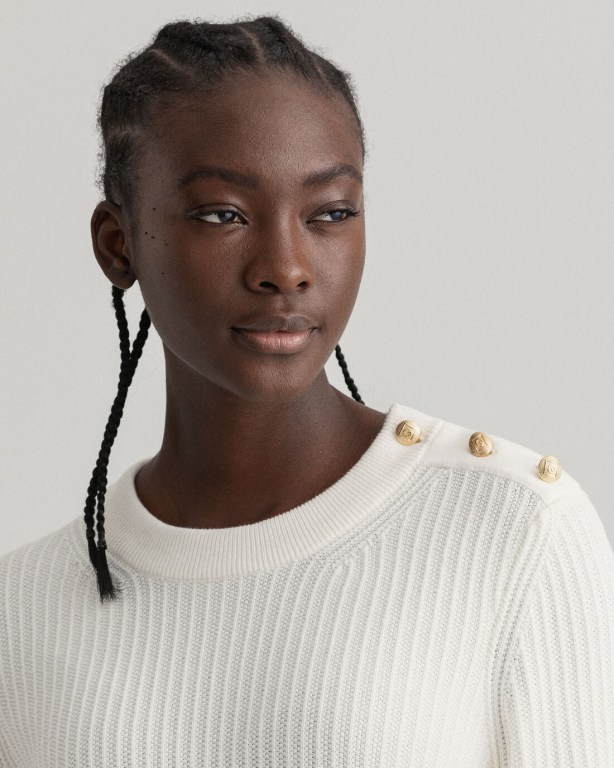 Gant Ribbed Piqué Crew Neck Women's Crew Neck Jumpers White | nRV0ZVvWeax