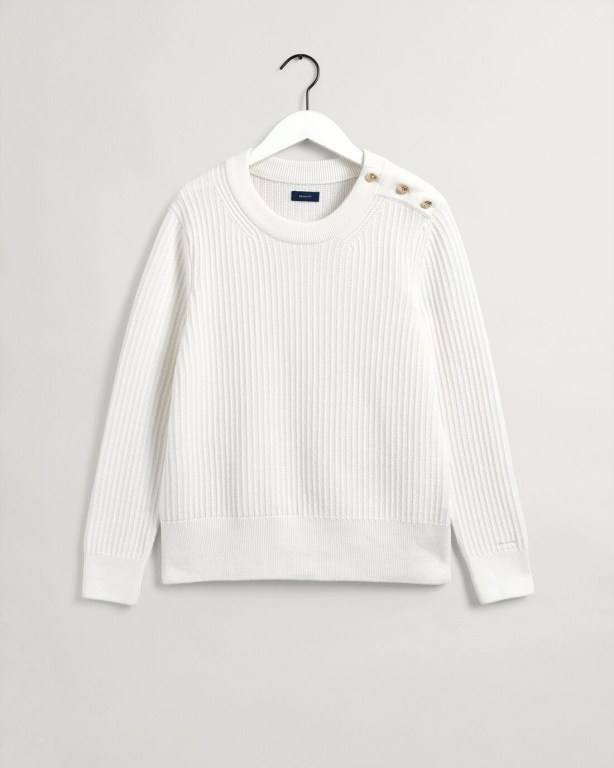 Gant Ribbed Piqué Crew Neck Women's Crew Neck Jumpers White | nRV0ZVvWeax