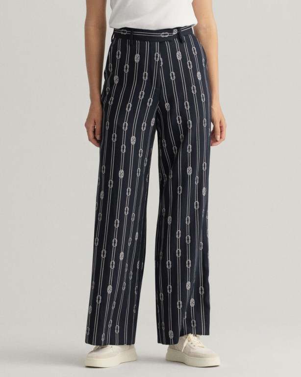 Gant Rope Jacquard High-Waisted Wide Leg Women's Pants Blue | LsdsCSKZArZ