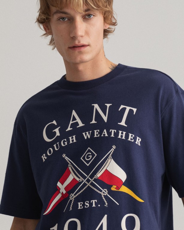 Gant Rough Weather Print Men's T-shirts Blue | kNTZ44Csui1