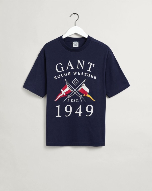 Gant Rough Weather Print Men's T-shirts Blue | kNTZ44Csui1