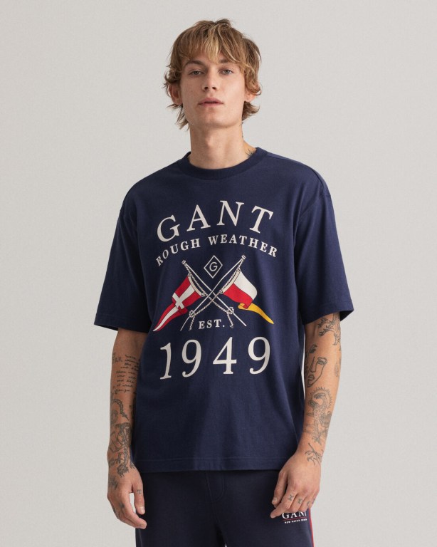 Gant Rough Weather Print Men\'s T-shirts Blue | kNTZ44Csui1