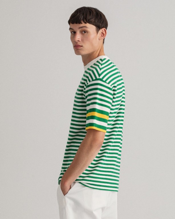 Gant Rough Weather Striped Men's T-shirts Green | Hv4ahdXq9aH