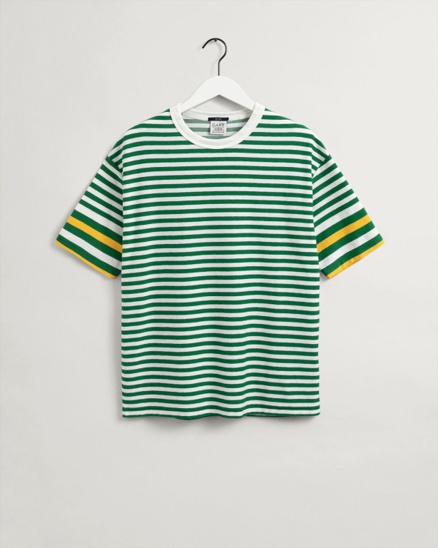 Gant Rough Weather Striped Men's T-shirts Green | Hv4ahdXq9aH