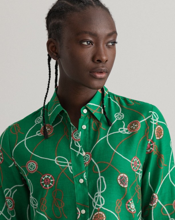 Gant Sailing Print Cotton Silk Women's Shirts Green | pNxAMtTFD3z