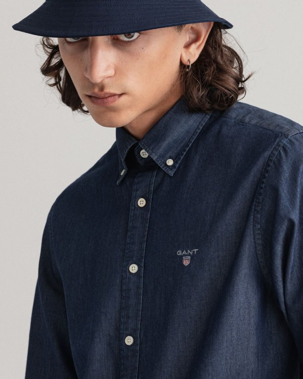 Gant Slim Fit Indigo Men's Shirts Dark Indigo | LawMh9YMiEh