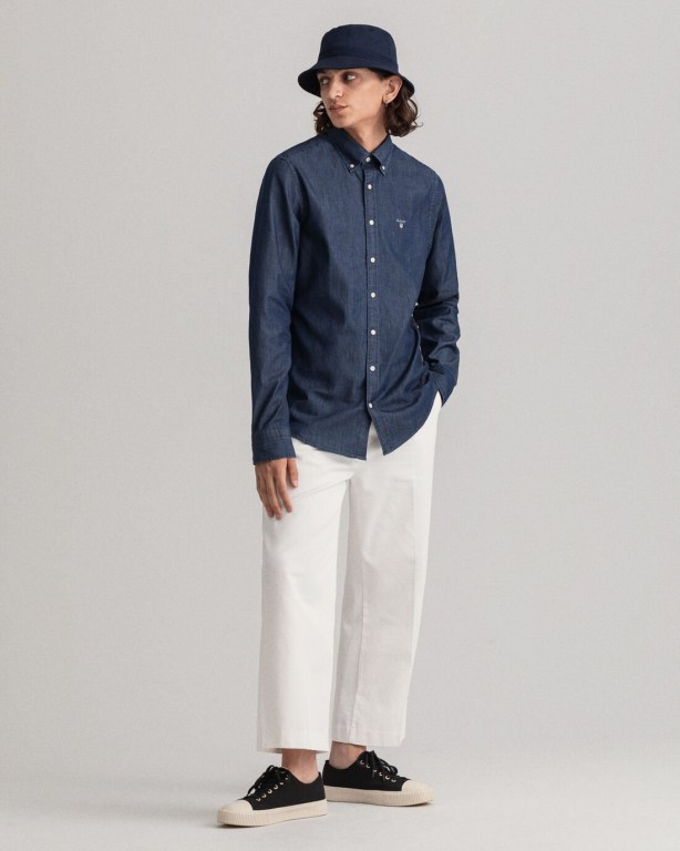 Gant Slim Fit Indigo Men's Shirts Dark Indigo | LawMh9YMiEh