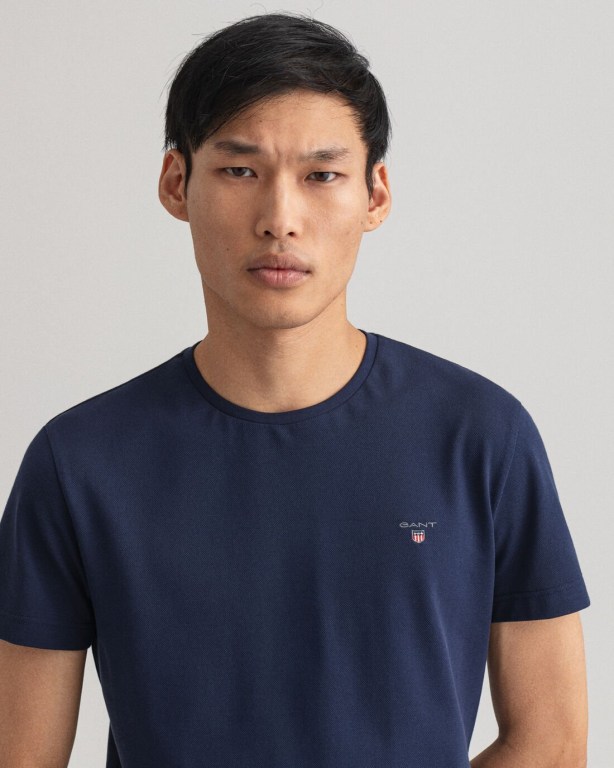 Gant Slim Fit Piqué Men's T-shirts Blue | lS7TXatREfx