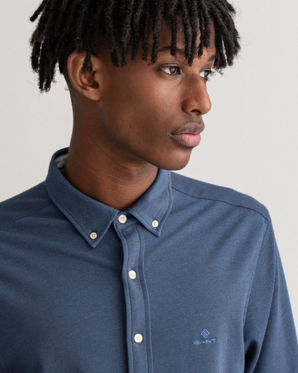 Gant Slim Fit Tech Prep™ Piqué Men's Shirts Blue | lbwJraiXIDD