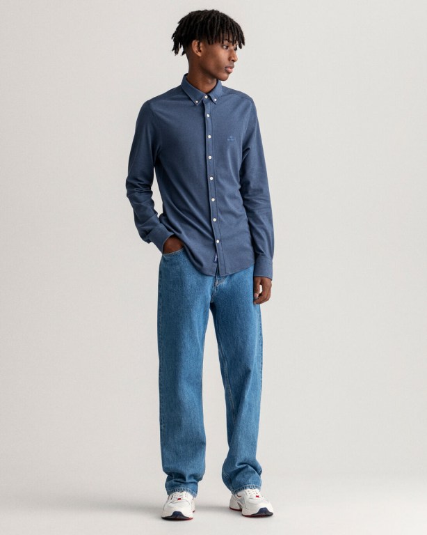 Gant Slim Fit Tech Prep™ Piqué Men's Shirts Blue | lbwJraiXIDD