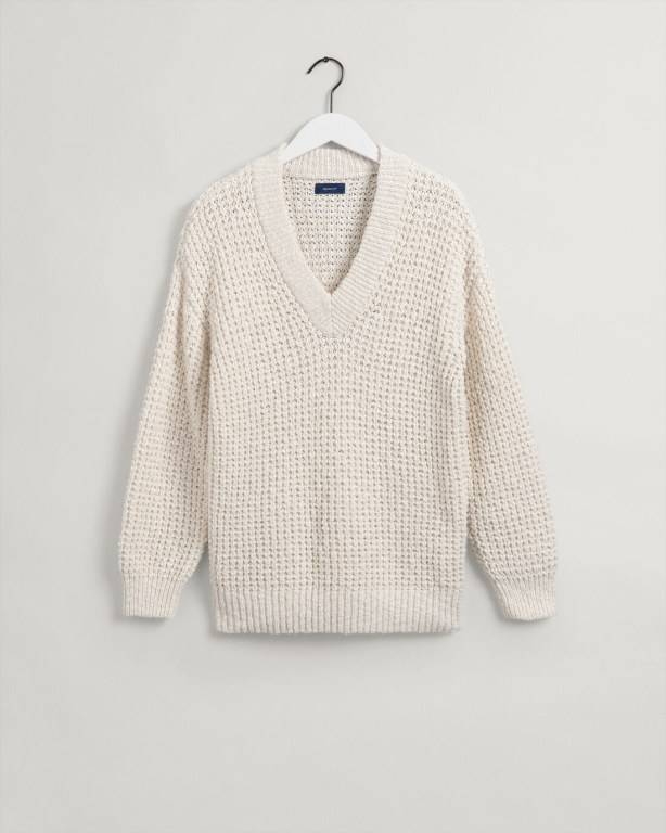 Gant Slouchy Textured Men's V-neck Jumpers Cream | 1uIHHVrXpcT