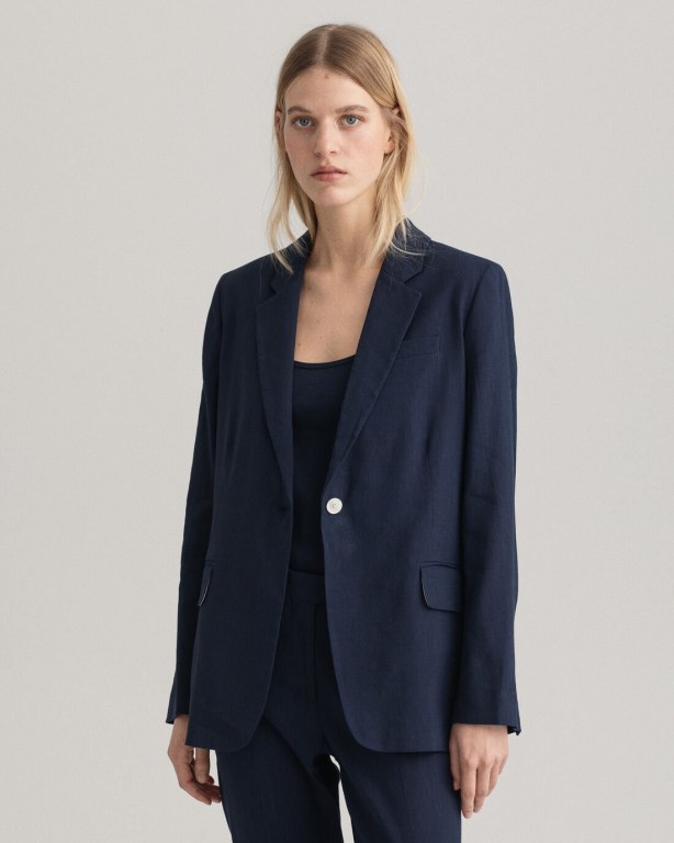 Gant Straight Fit Stretch Linen Women's Blazers Blue | 63fdVOasxZC