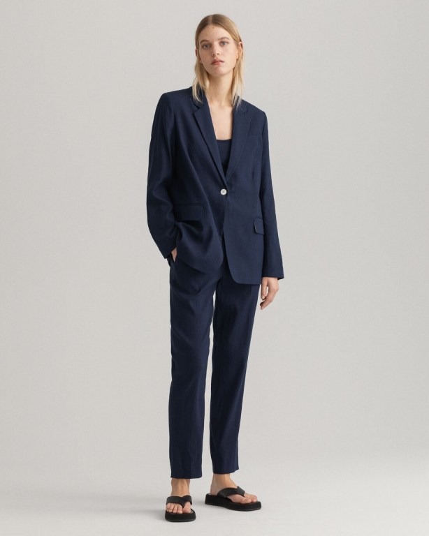 Gant Straight Fit Stretch Linen Women's Blazers Blue | 63fdVOasxZC