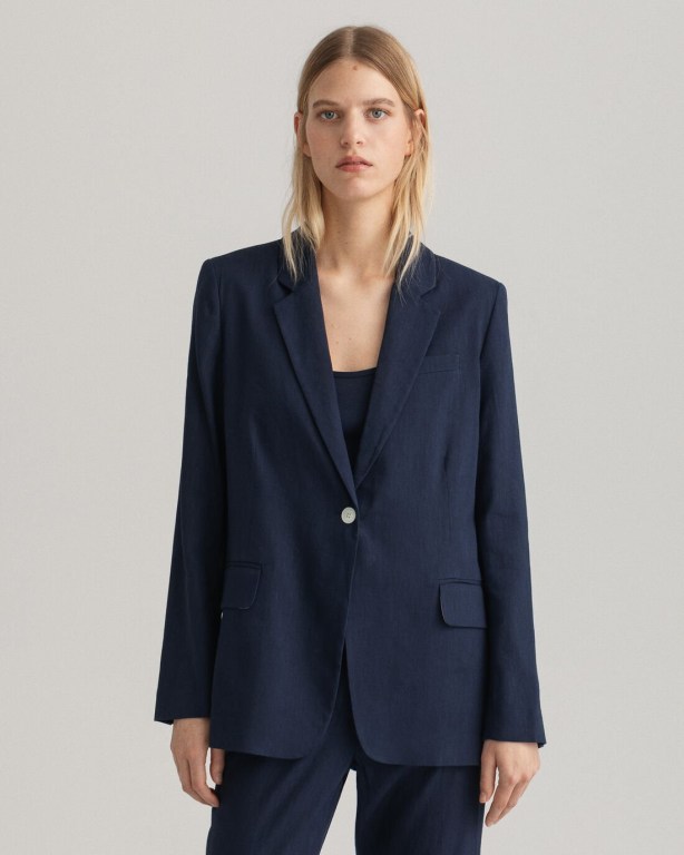 Gant Straight Fit Stretch Linen Women\'s Blazers Blue | 63fdVOasxZC