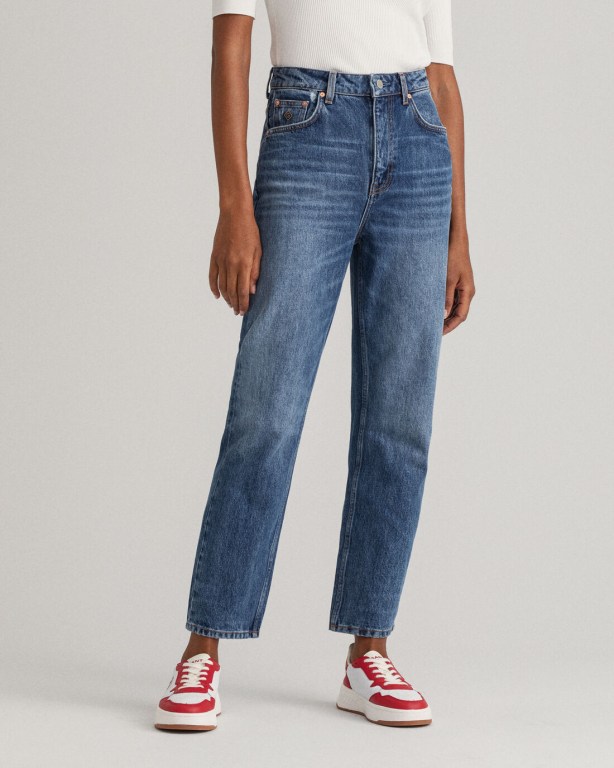 Gant Straight Leg High-Waisted Cropped Women's Jeans Blue | qT33uJAUmwV