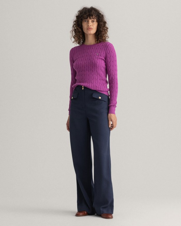 Gant Stretch Cotton Cable Crew Neck Women's Crew Neck Jumpers Purple | 111sqGcPPfR