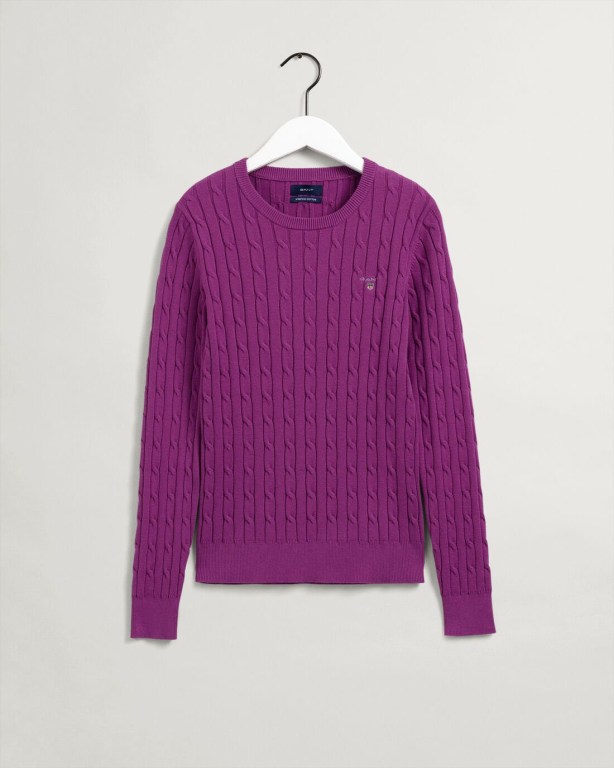 Gant Stretch Cotton Cable Crew Neck Women's Crew Neck Jumpers Purple | 111sqGcPPfR