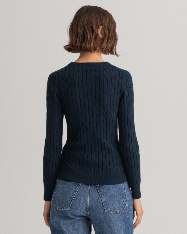 Gant Stretch Cotton Cable Crew Neck Women's Crew Neck Jumpers Blue | 1TdQNbn8rW1