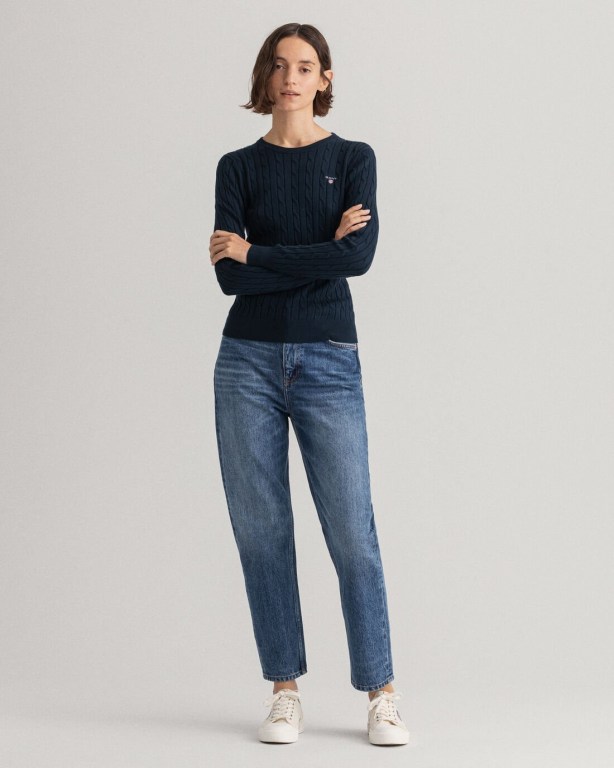 Gant Stretch Cotton Cable Crew Neck Women's Crew Neck Jumpers Blue | 1TdQNbn8rW1