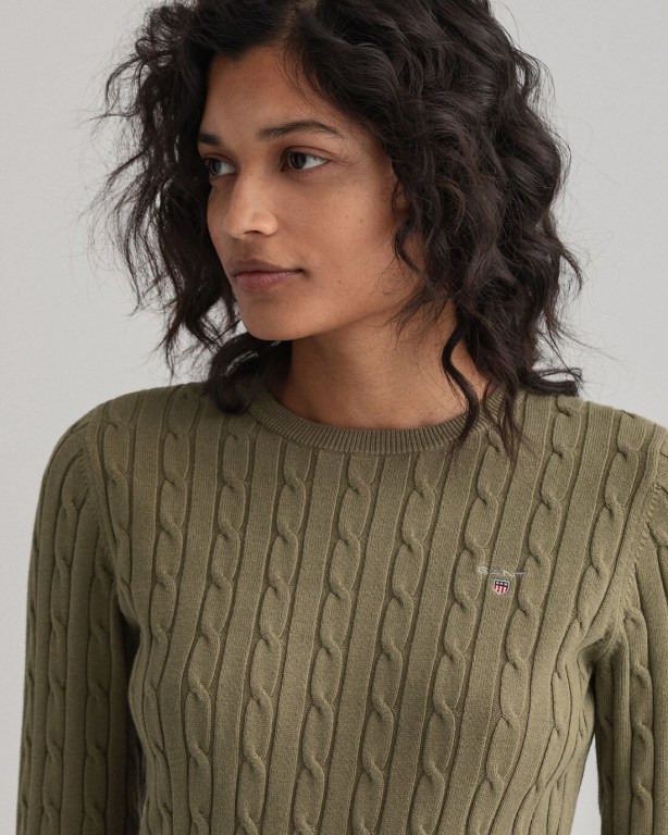 Gant Stretch Cotton Cable Crew Neck Women's Cable Knit Jumpers Green | GHIpRFrdfoq