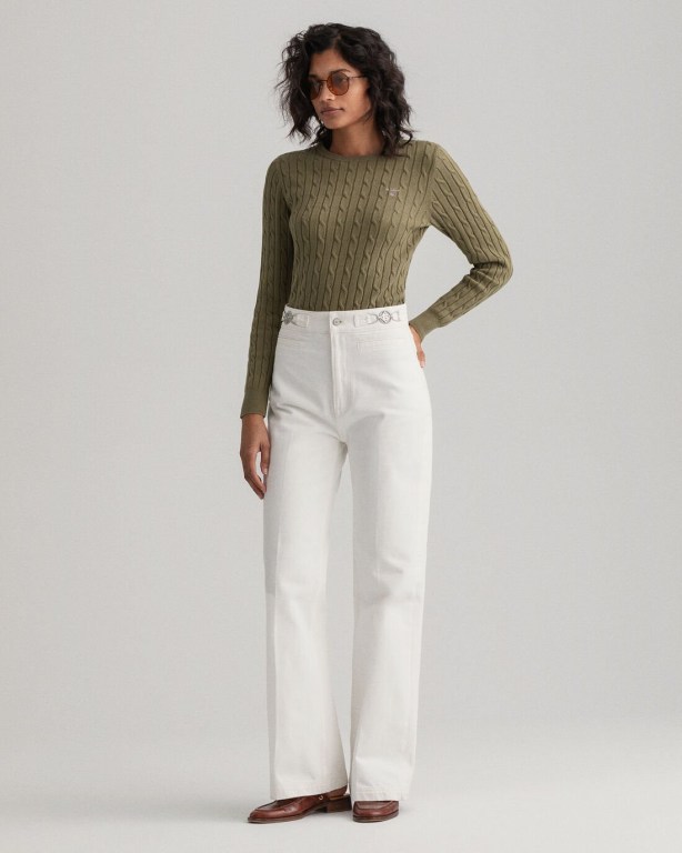 Gant Stretch Cotton Cable Crew Neck Women's Crew Neck Jumpers Green | KPlEnXFTrOl