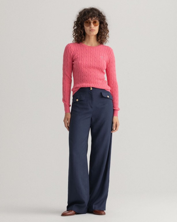 Gant Stretch Cotton Cable Crew Neck Women's Cable Knit Jumpers Rose | ObH6cjMRS4b