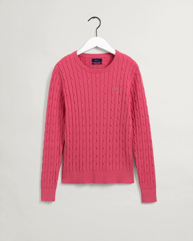 Gant Stretch Cotton Cable Crew Neck Women's Cable Knit Jumpers Rose | ObH6cjMRS4b