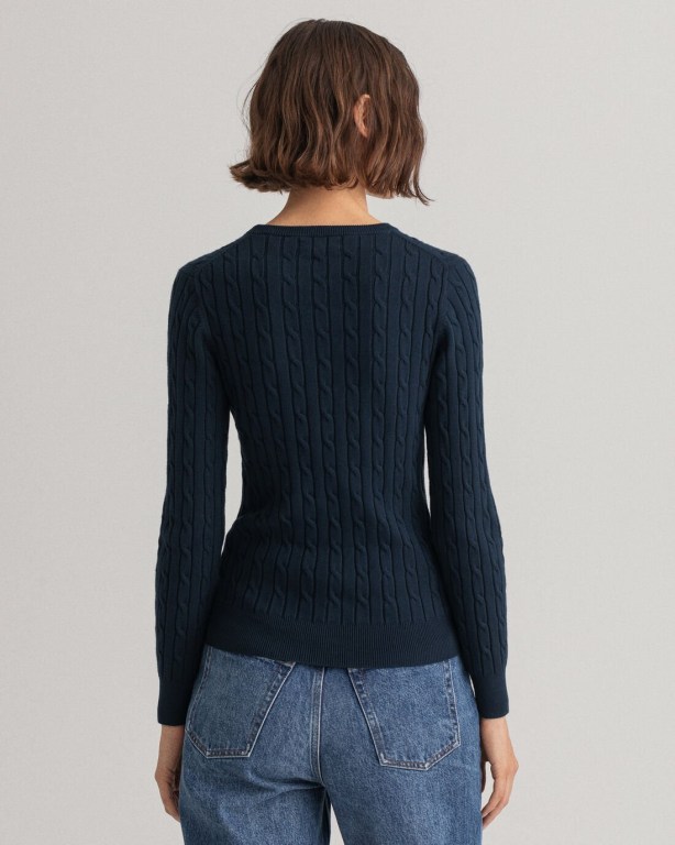 Gant Stretch Cotton Cable Crew Neck Women's Cable Knit Jumpers Blue | Qmc4ZXsealL