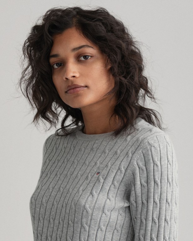 Gant Stretch Cotton Cable Crew Neck Women's Crew Neck Jumpers Light Grey | dxJFmY3xv7R