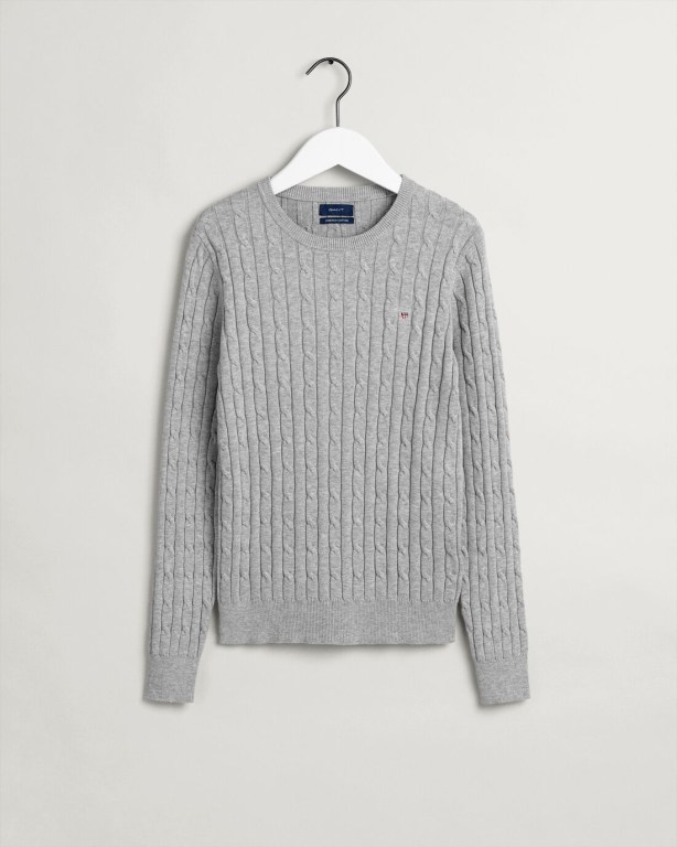 Gant Stretch Cotton Cable Crew Neck Women's Crew Neck Jumpers Light Grey | dxJFmY3xv7R