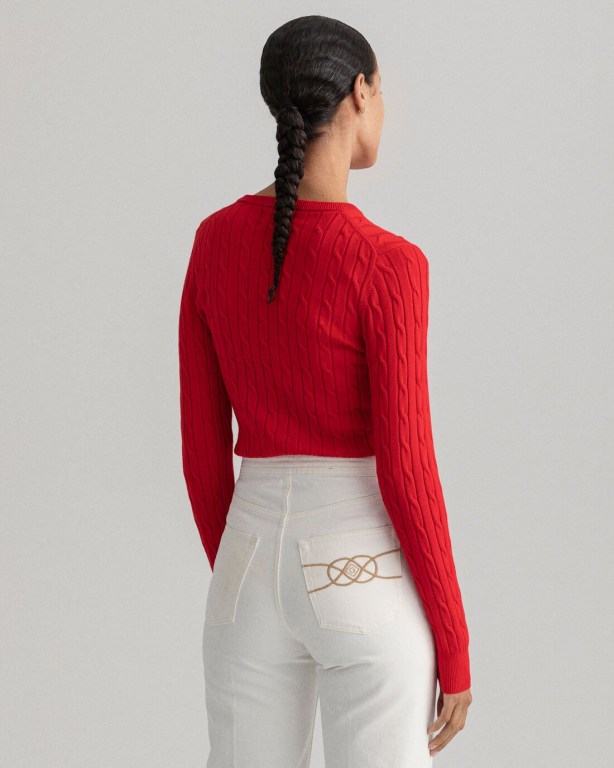 Gant Stretch Cotton Cable Crew Neck Women's Cable Knit Jumpers Light Red | mWXCV7Mpd21