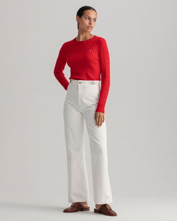 Gant Stretch Cotton Cable Crew Neck Women's Cable Knit Jumpers Light Red | mWXCV7Mpd21