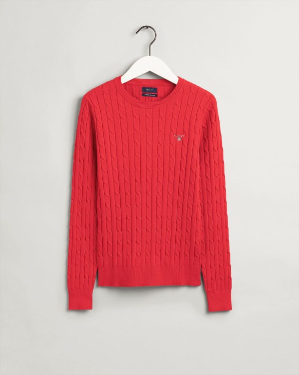 Gant Stretch Cotton Cable Crew Neck Women's Cable Knit Jumpers Light Red | mWXCV7Mpd21