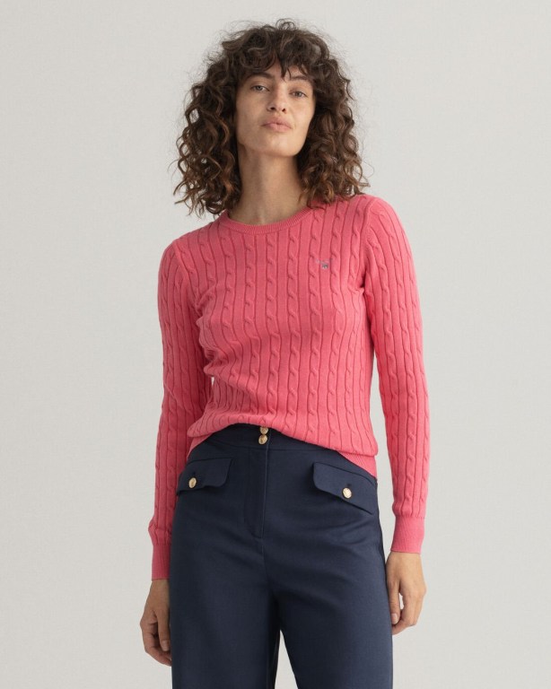 Gant Stretch Cotton Cable Crew Neck Women\'s Crew Neck Jumpers Rose | mnssCq31g9V