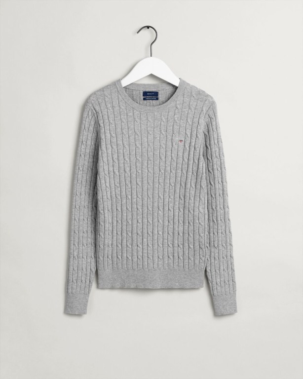 Gant Stretch Cotton Cable Crew Neck Women's Cable Knit Jumpers Light Grey | qmfhVXEMTMT