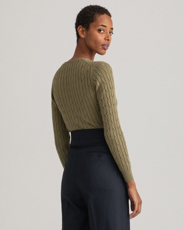 Gant Stretch Cotton Cable V-Neck Women's Cable Knit Jumpers Green | B0xWezboqrB