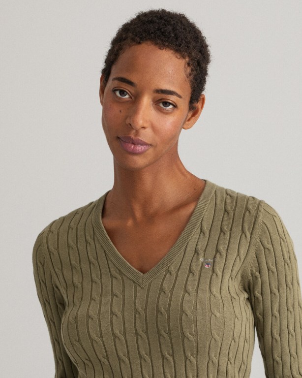 Gant Stretch Cotton Cable V-Neck Women's Cable Knit Jumpers Green | B0xWezboqrB